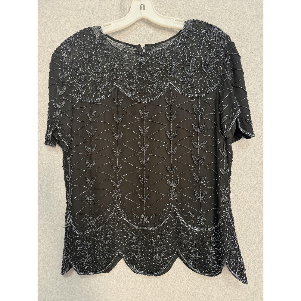 Cote D' Azur Evening Blouse Womens XL Black Beaded Floral Lined Party Top